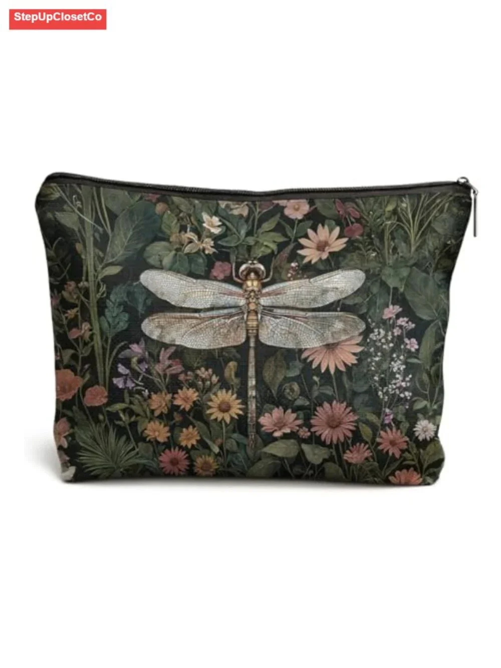 Waterproof Linen Floral Makeup Bag, Double-Sided Cosmetic Zipper Pouch